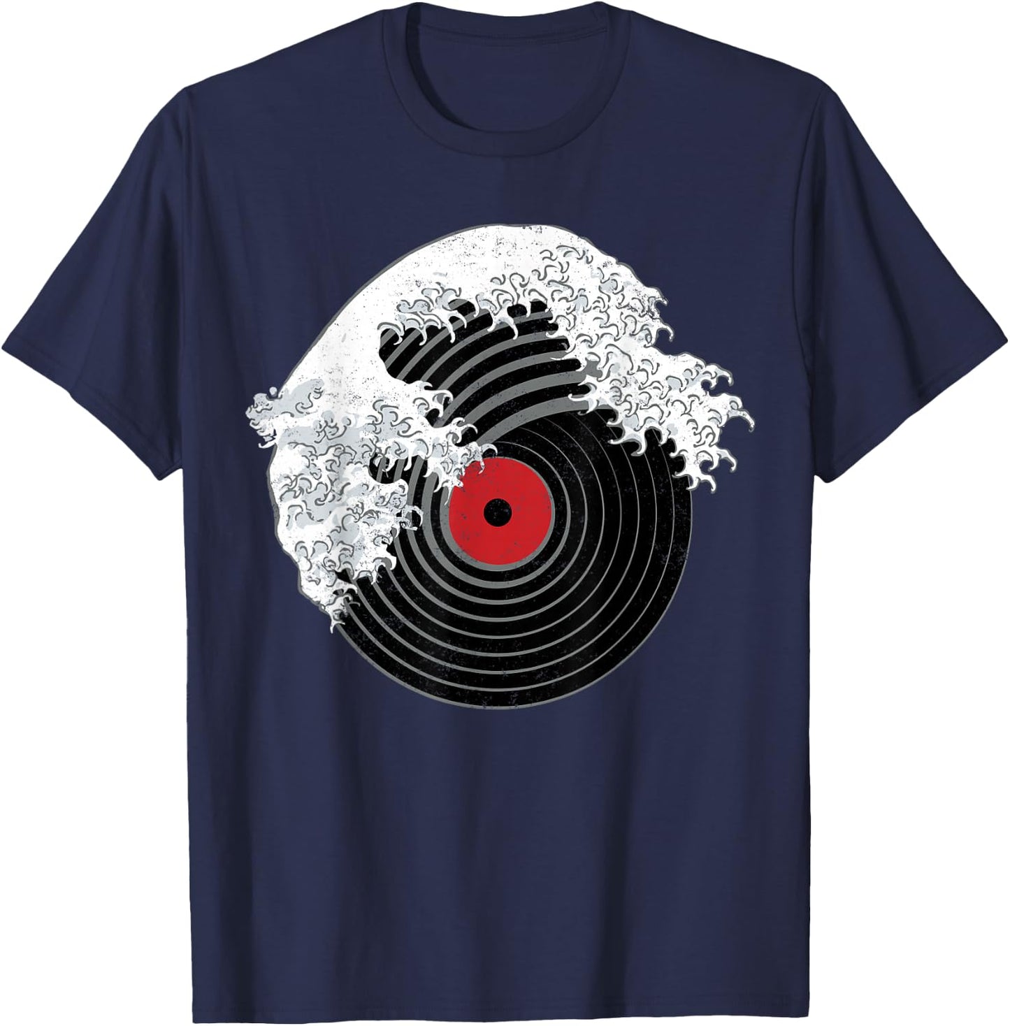 Great Wave of Music DJ Vinyl Record Turntable Kanagawa T-Shirt - T-Shirt | Navy