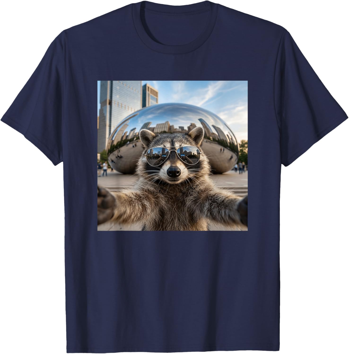 Raccoon Selfie at Chicago Cloud Gate Bean T-Shirt - T-Shirt | Navy