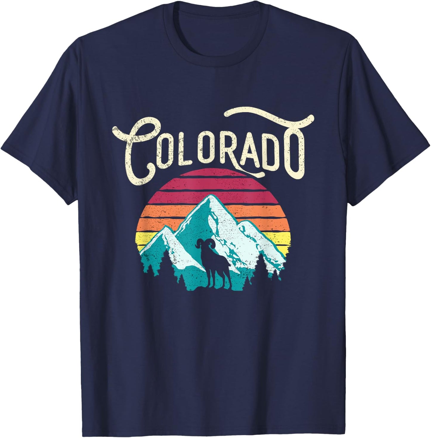 Retro Colorado CO Mountains Wildlife Bighorn Sheep T-Shirt - T-Shirt | Navy