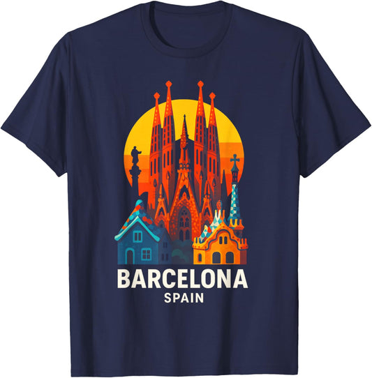 Barcelona - Vintage Spain Souvenir Travel Art T-Shirt - T-Shirt | Navy