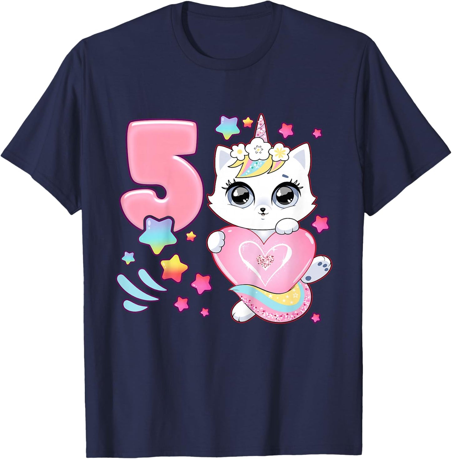 Birthday girl 5 years old, cat, unicorn, 5th birthday T-Shirt - T-Shirt | Navy