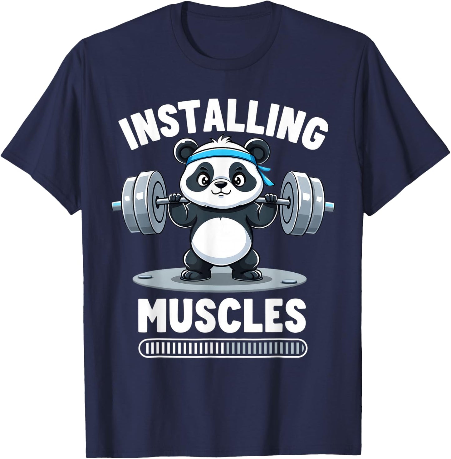 Installing Muscles Please Wait Panda Gym Barbell Fun Athlete T-Shirt - T-Shirt | Navy