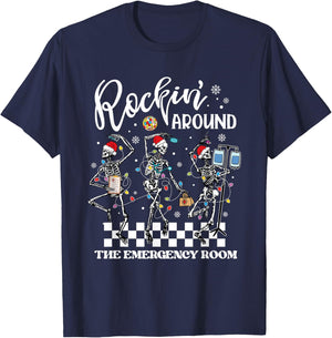 ER Christmas Nurse Rockin Around The Emergency Room Skeleton T-Shirt - T-Shirt | Navy