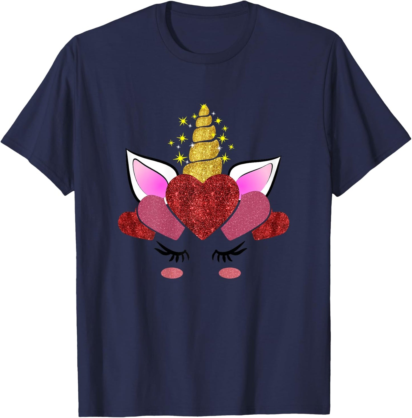 Cute Heart Valentine's Day Gift Girls Unicorn Face T-Shirt - T-Shirt | Navy