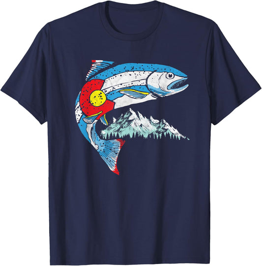 Retro Colorado Flag Trout Vintage Fly Fishing Graphic Design T-Shirt - T-Shirt | Navy