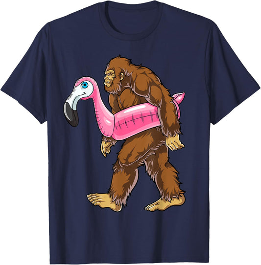 Pool Party Bigfoot Flamingo Men Women Sasquatch Pink Float Small T-Shirt - T-Shirt | Navy