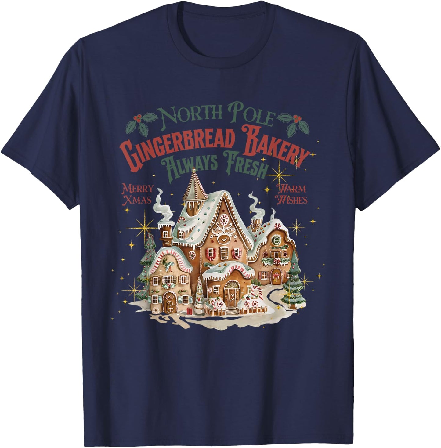 Retro Vintage North Pole Gingerbread Bakery Merry Christmas T-Shirt - T-Shirt | Navy
