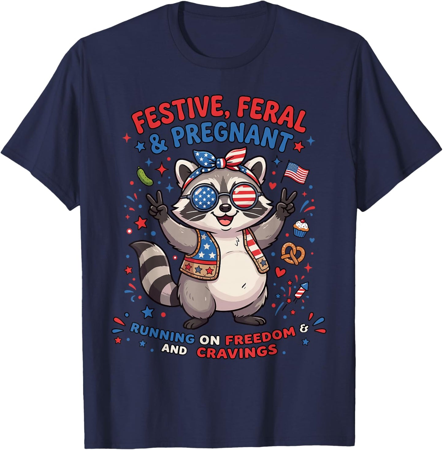 Feral and Pregnant Shirt, 4th of July Pregnancy Announcement T-Shirt - T-Shirt | Navy
