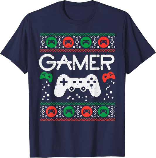Gamer Ugly Christmas Sweater Retro Video Game Xmas Boys Gift T-Shirt - T-Shirt | Navy