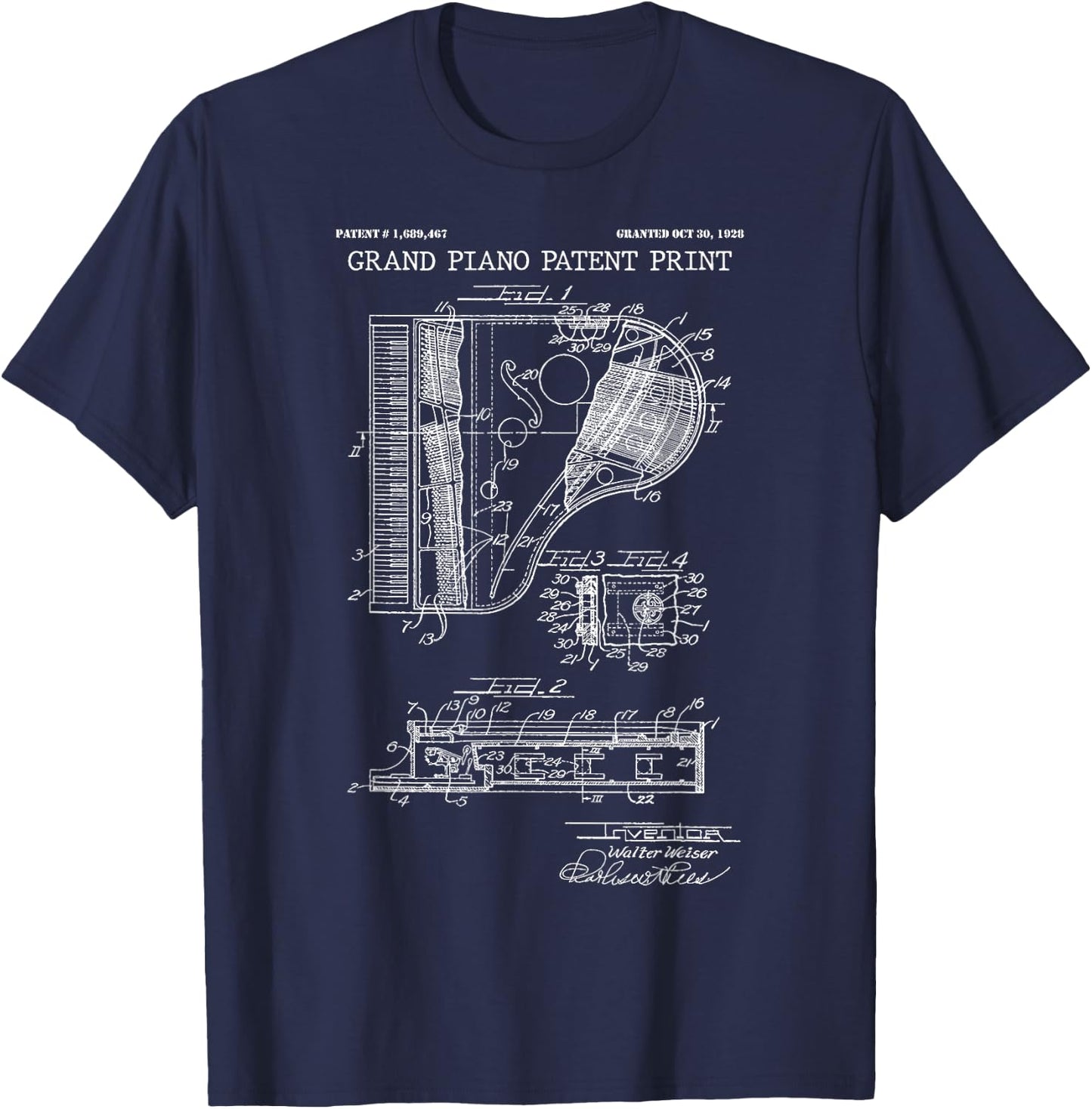 Grand Piano Patent Print 1928 - Vintage Patent Music Art T-Shirt - T-Shirt | Navy