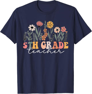 5th Grade Teacher Wildflower Floral Back To School T-Shirt - T-Shirt | Navy