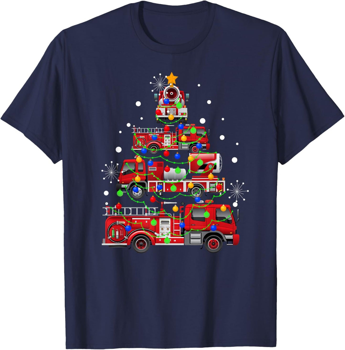Funny Christmas Decor Firefighter Truck Christmas Tree T-Shirt - T-Shirt | Navy