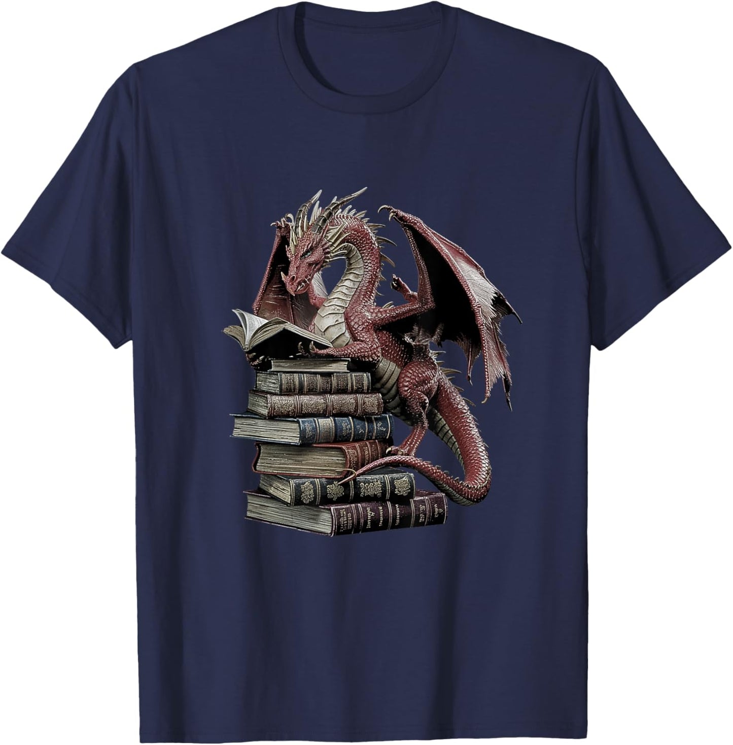 Wise Dragon Reading Books Fantasy Lover's Design T-Shirt - T-Shirt | Navy