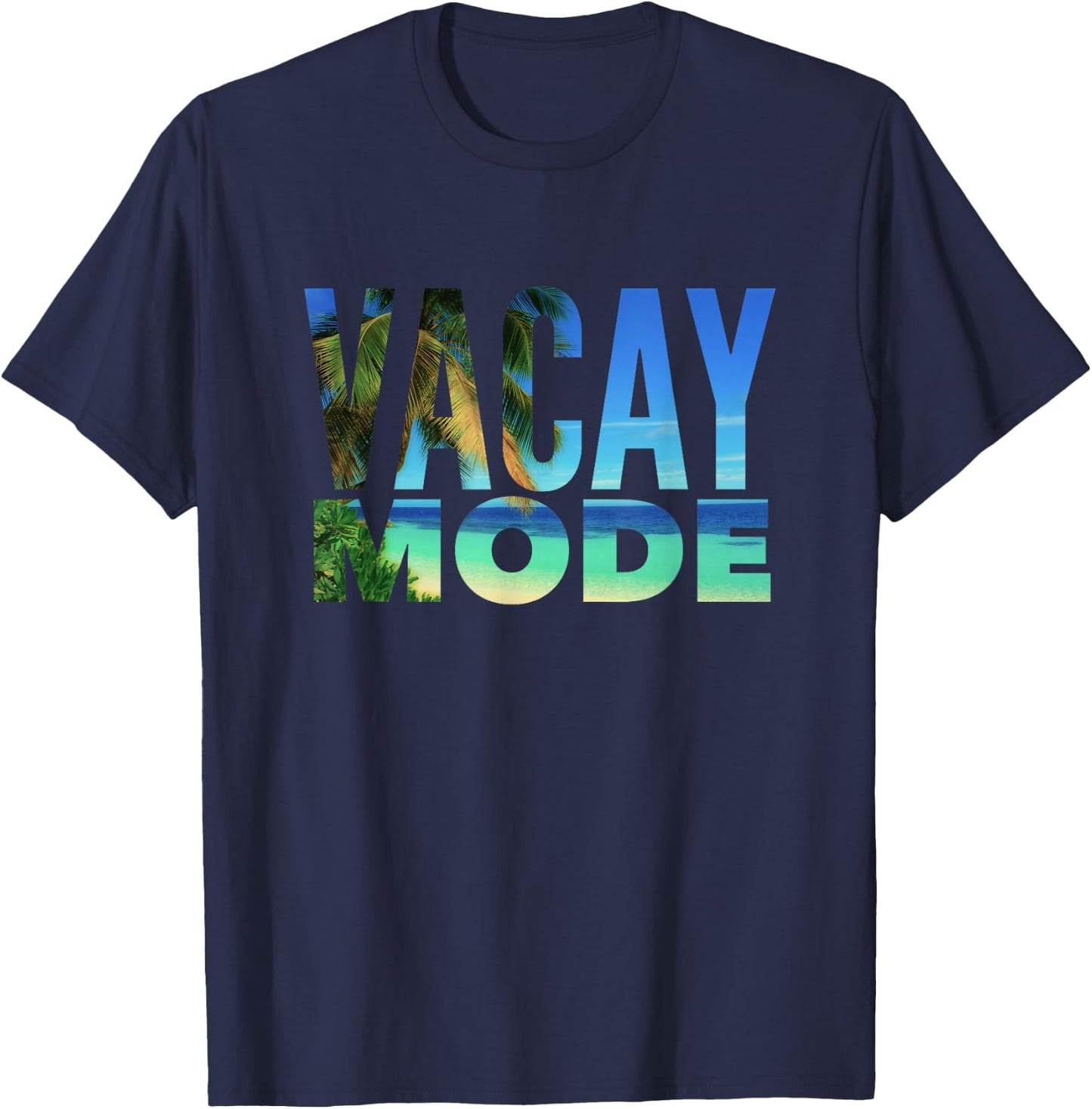Vacay Mode Summer Vacation Tropical Beach Palm Trees & Ocean T-Shirt - T-Shirt | Navy