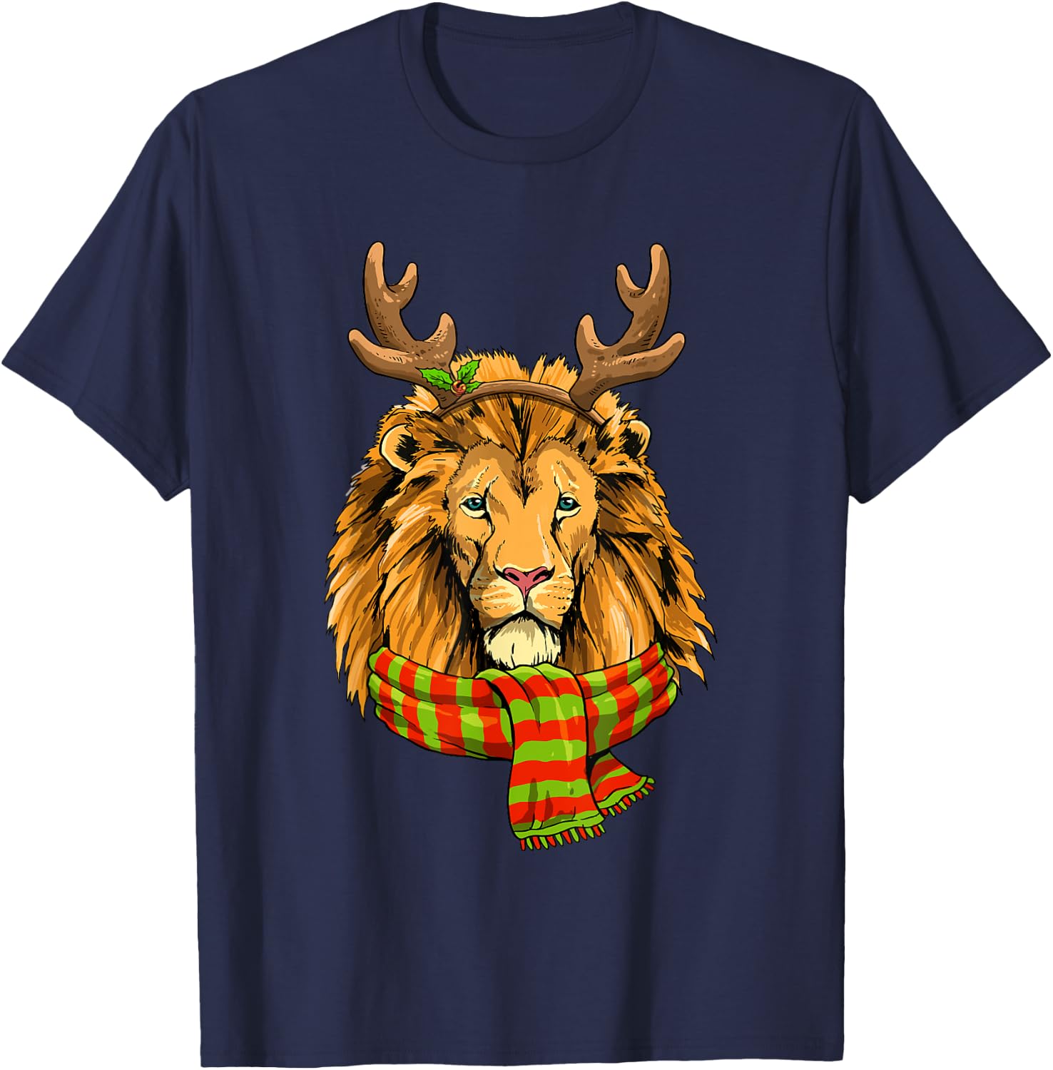Christmas Lion Head Reindeer Xmas Wildlife Animal Face T-Shirt - T-Shirt | Navy