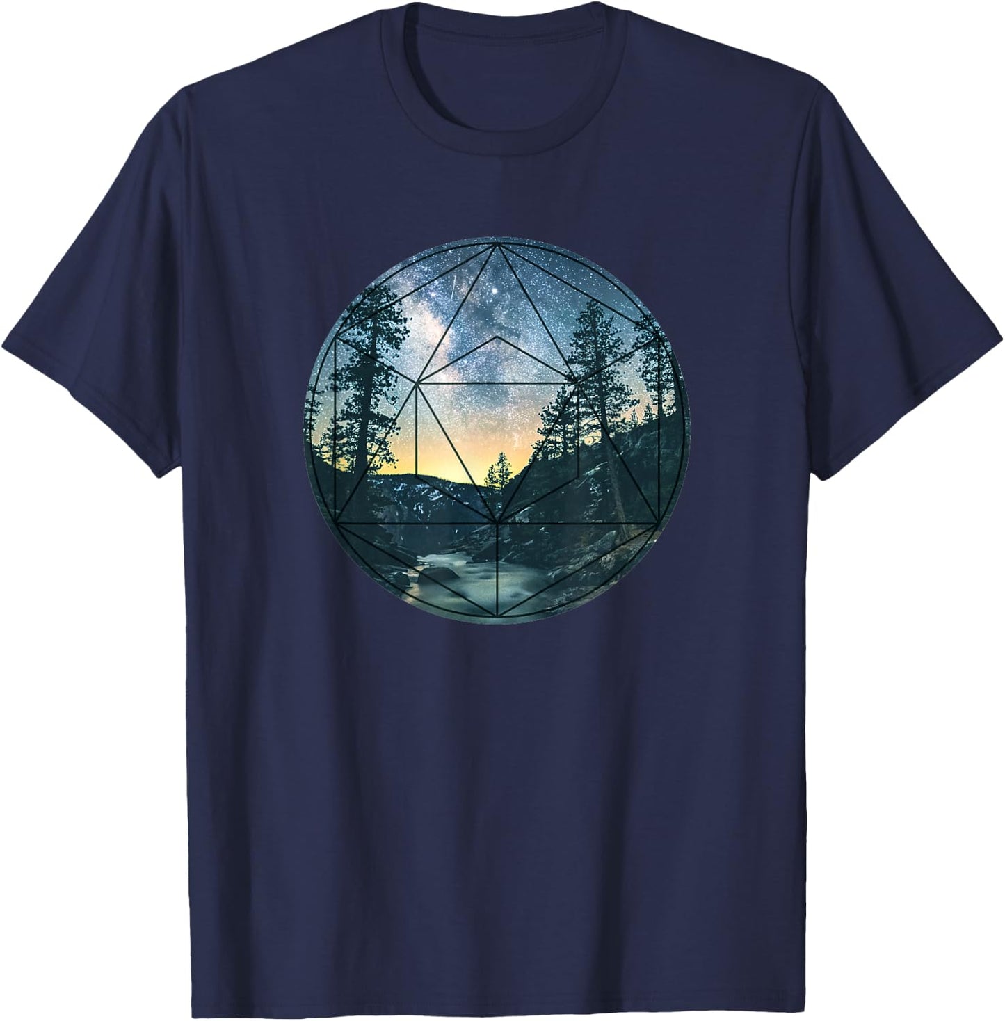 Sacred Geometry Meets Nature Outdoor Mountains & Galaxy T-Shirt - T-Shirt | Navy