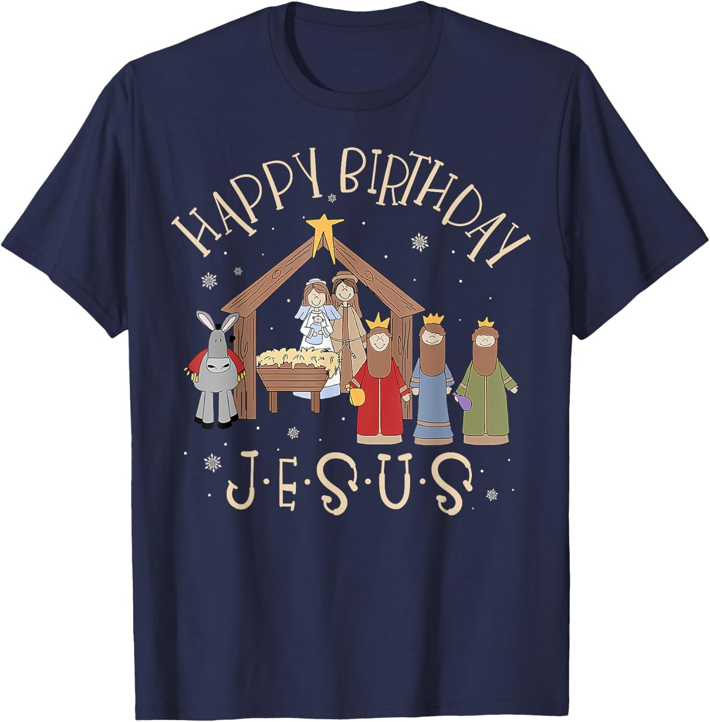 Merry Christmas -Christian Family Group Children Nativity Happy Birthday Jesus Christmas Nativity Christian Black Small Short Sleeve Cotton Blend T-Shirt - T-Shirt | Navy