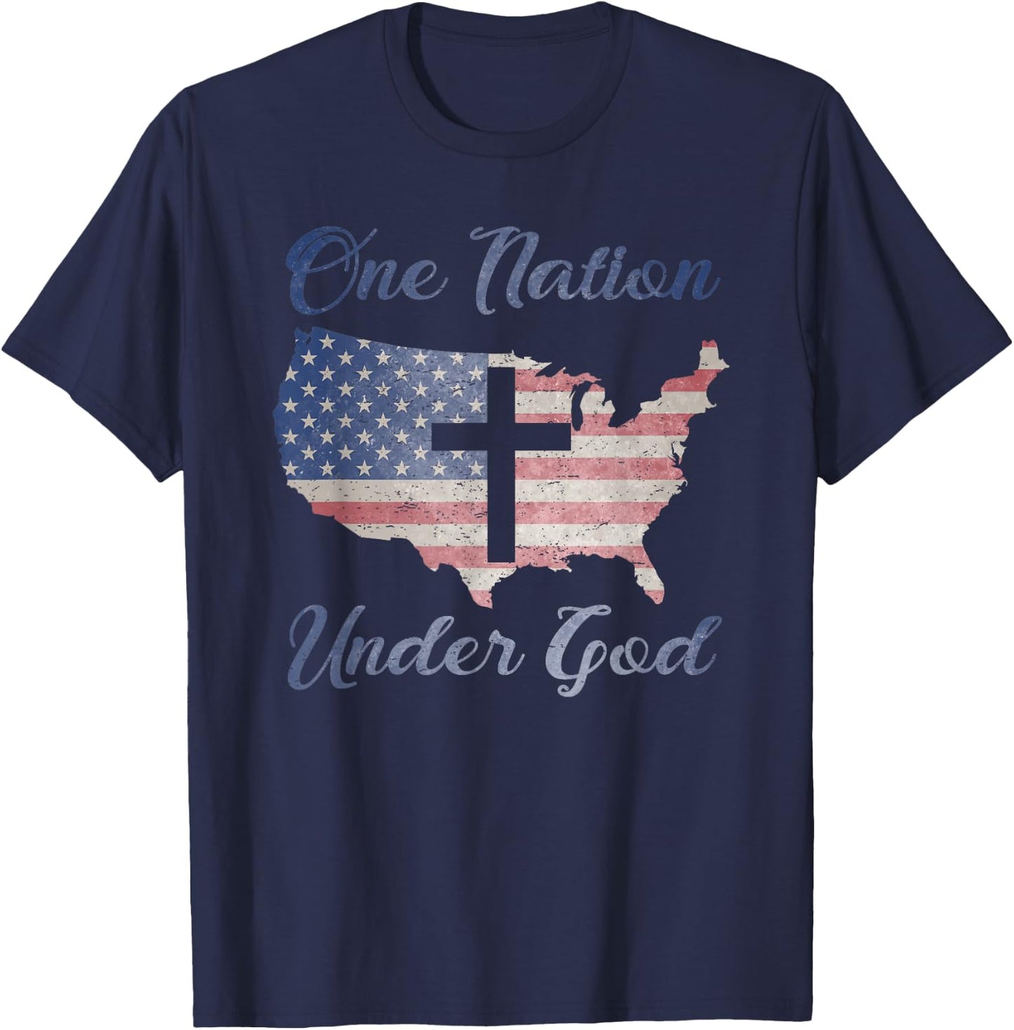 ONE NATION UNDER GOD Christian Cross American Flag USA Map T-Shirt - T-Shirt | Navy