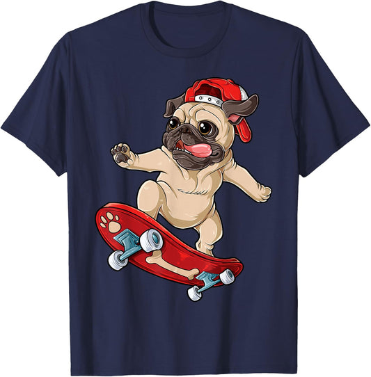 Pug Skateboard T shirt Dog Puppy Funny Skater Skateboarding Women Girls Kids T-Shirt - T-Shirt | Navy
