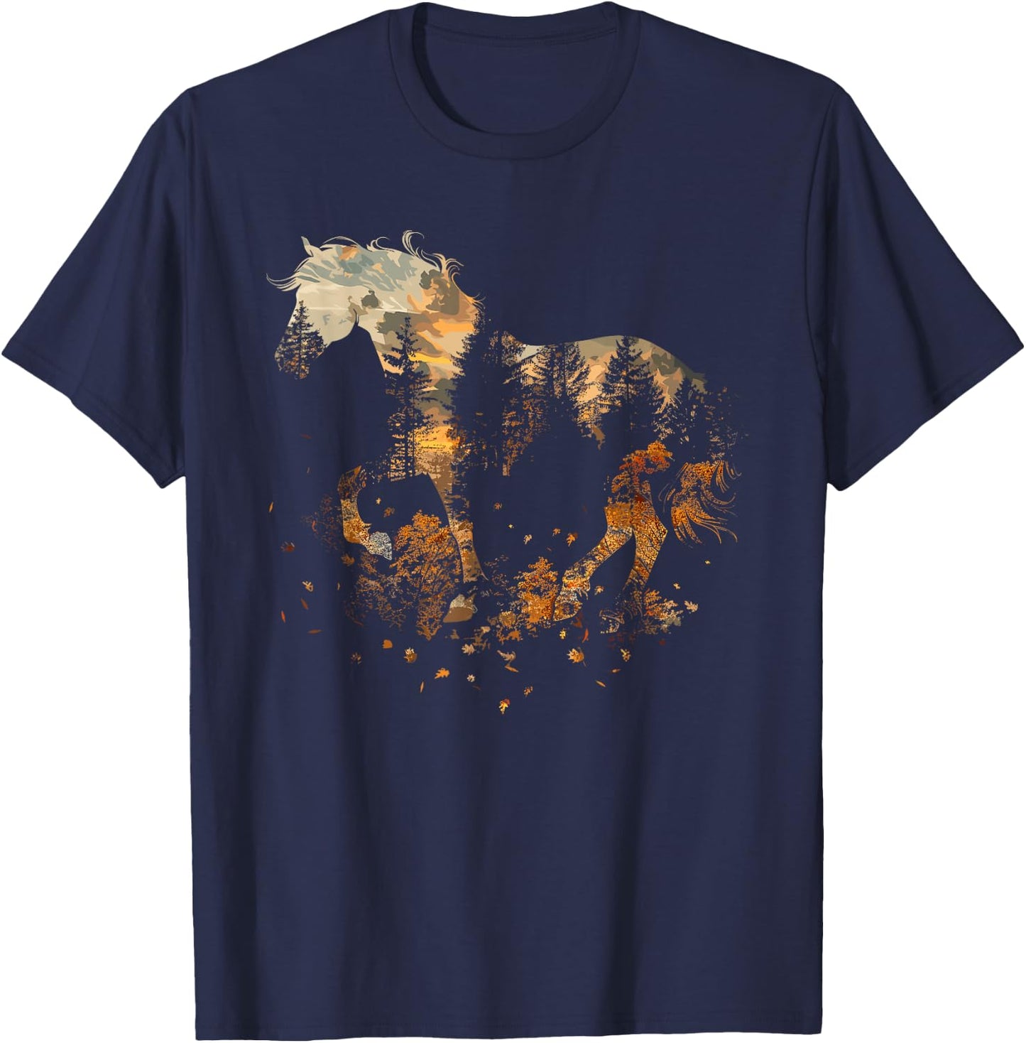 Cute Horse Lover Autumn Leaves Pony Animal Wildlife T-Shirt - T-Shirt | Navy
