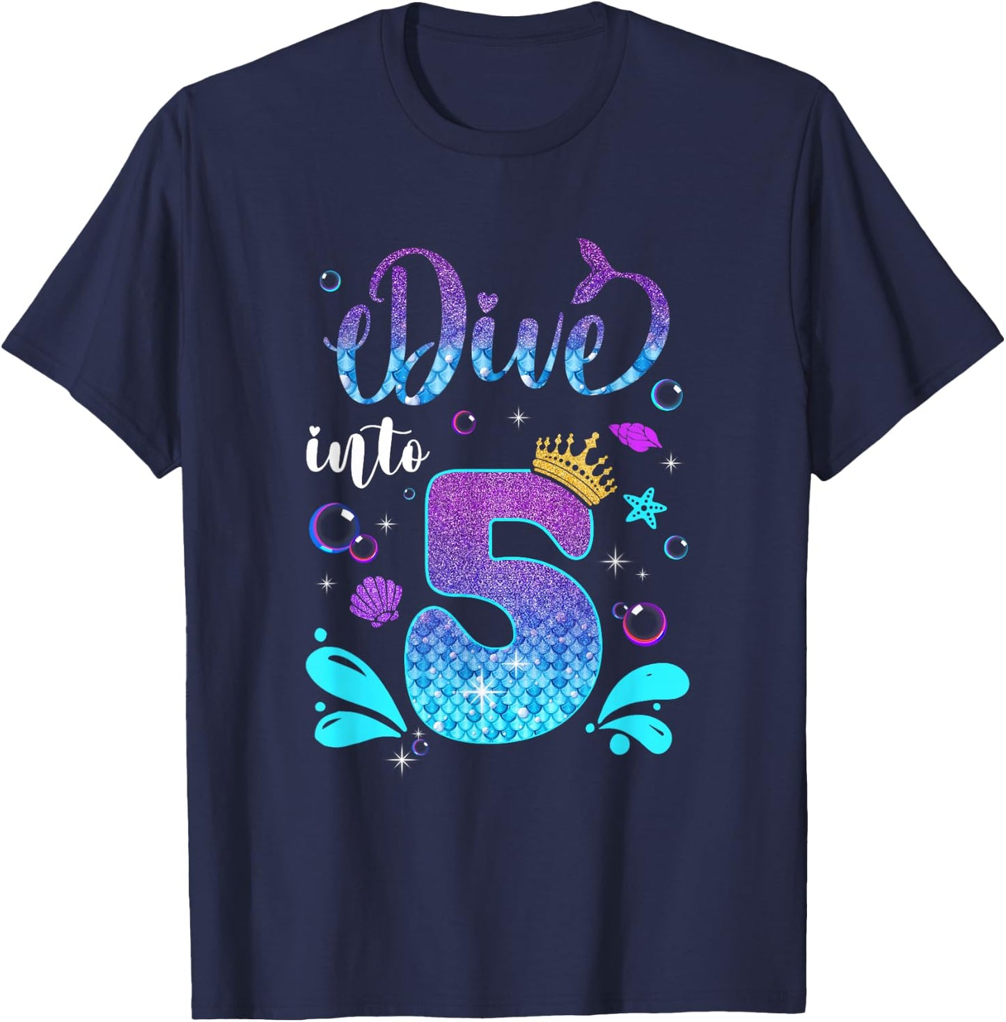 Dive Into 5 Birthday Decorations Girl 5Th Birthday Mermaid T-Shirt - T-Shirt | Navy
