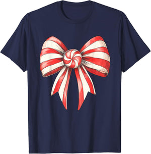 Coquette Christmas Bow Girls Women Holiday Ribbon Candy Cane T-Shirt - T-Shirt | Navy