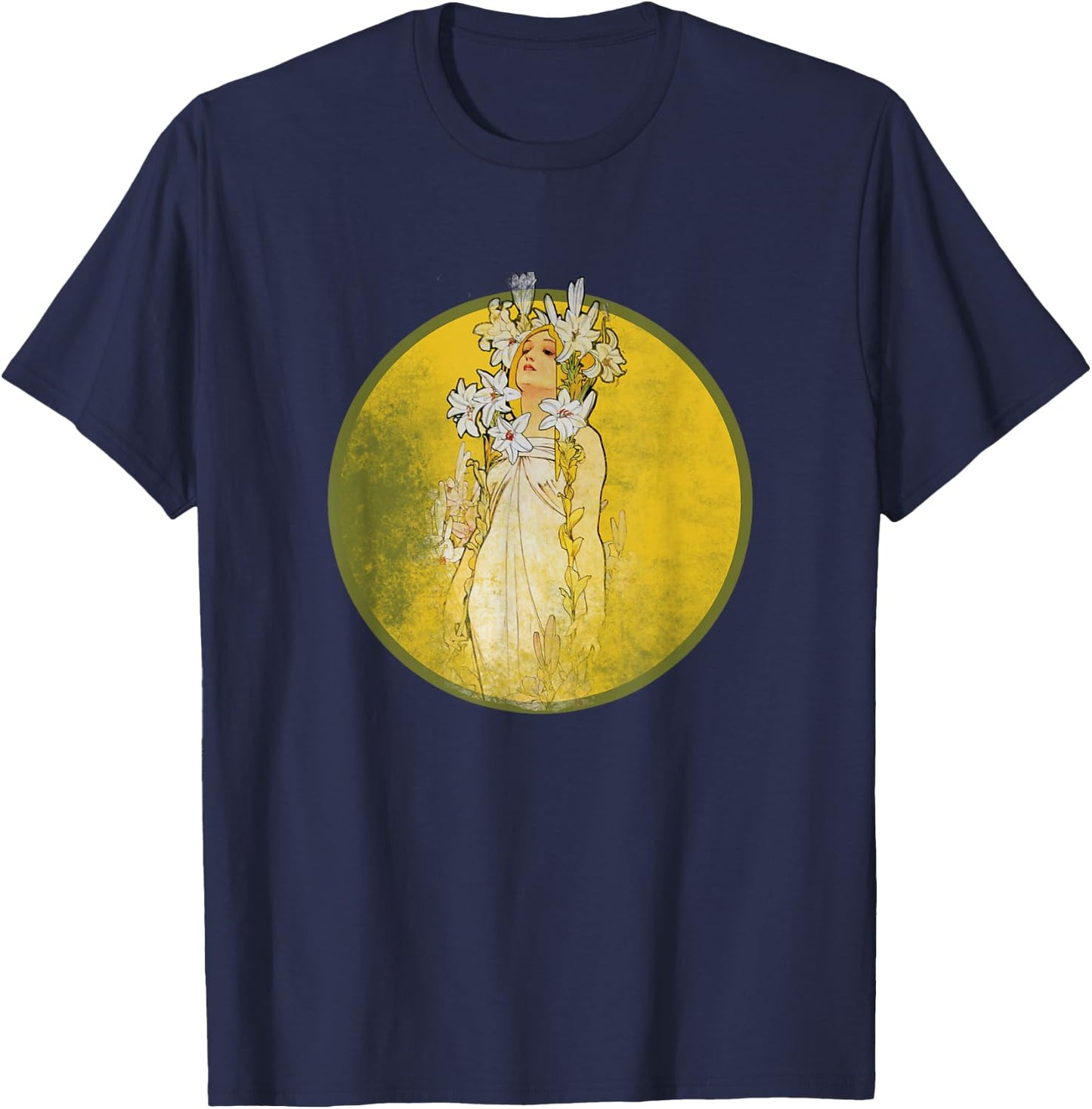 Vintage Art Nouveau Shirt Alphonse Mucha Lily T-Shirt - T-Shirt | Navy