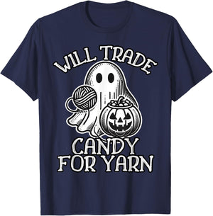 Will Trade Candy For Yarn Funny Knitting Crochet Halloween T-Shirt - T-Shirt | Navy