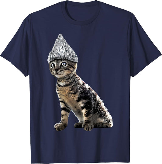 Funny Halloween Cat Tin Foil Hat Conspiracy Shirt T-Shirt - T-Shirt | Navy
