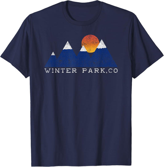 Retro Winter Park Colorado Snowcap Mountain Sunset T-Shirt - T-Shirt | Navy