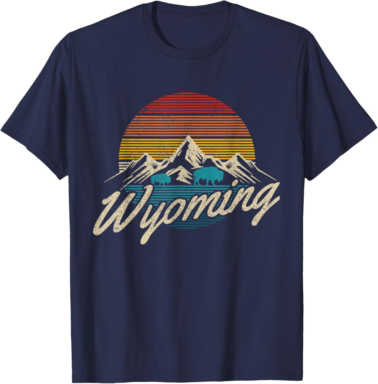 Wyoming Vintage Mountains Bison American Buffalo Gift T-Shirt - T-Shirt | Navy