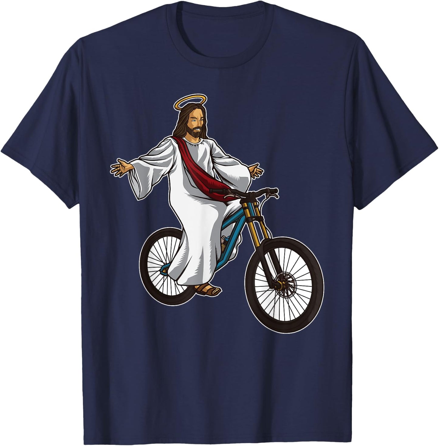 Funny Jesus Bicycle Illustration Riding a Mountainbike T-Shirt - T-Shirt | Navy