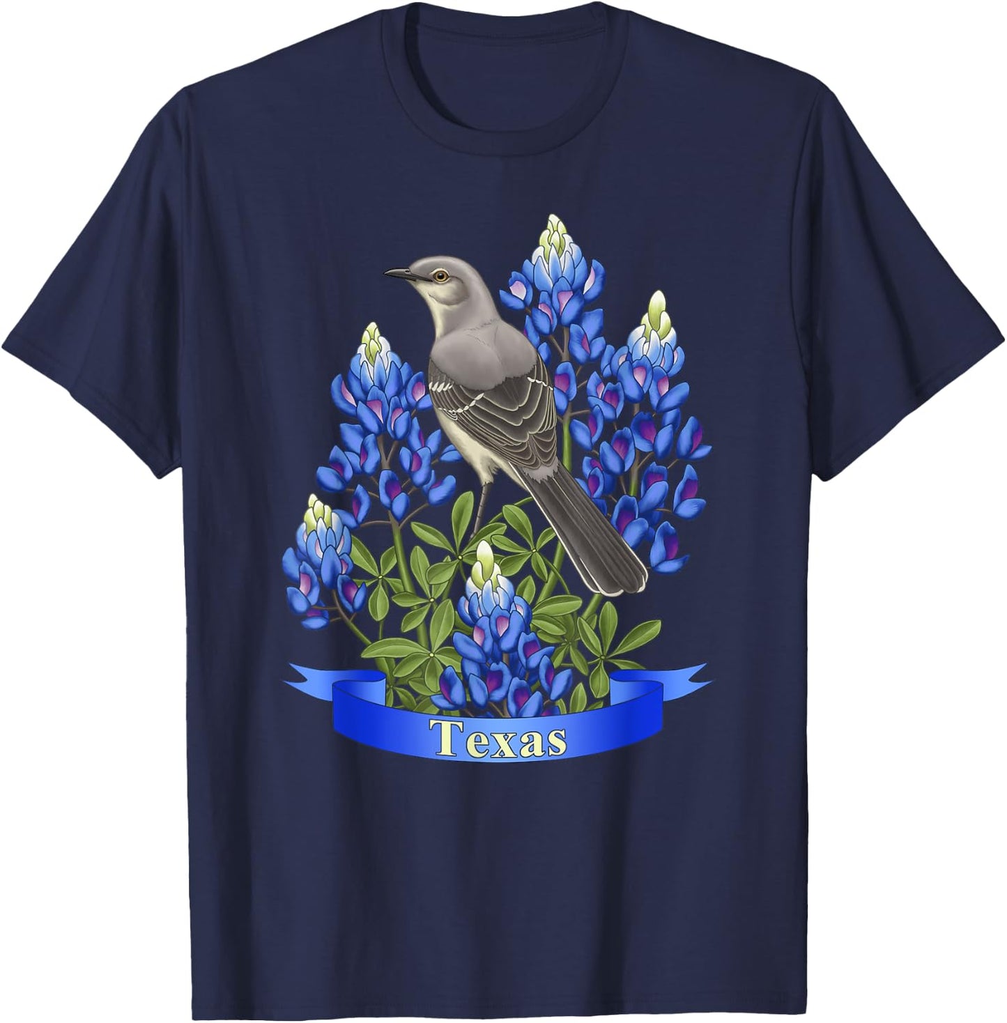 State Bird & Flower Texas Mockingbird & Lupine T-Shirt - T-Shirt | Navy