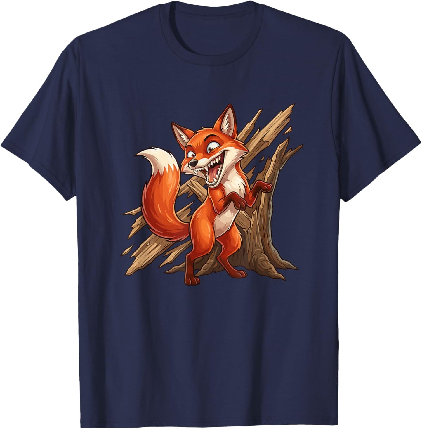 Mischievous Cartoon Fox Crashing Through Wood T-Shirt - T-Shirt | Navy