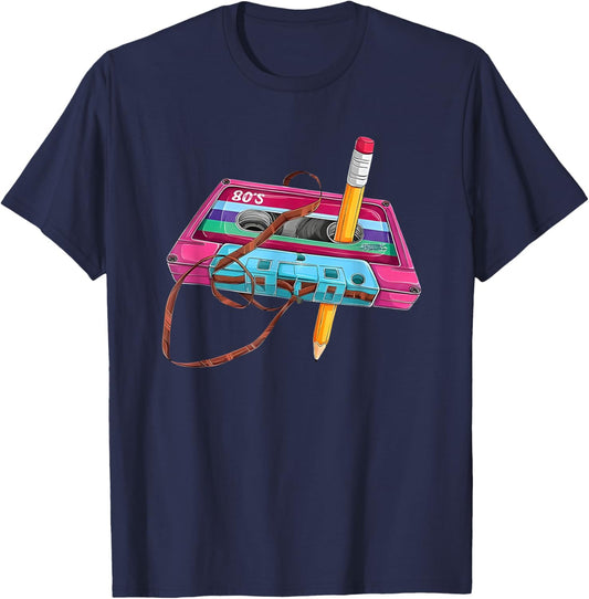 Vintage Rewinding Cassette Tape with Pencil Print T-Shirt - T-Shirt | Navy