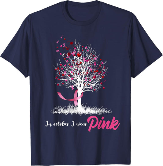 In October We Wear Pink Tree Breast Cancer Awareness T-Shirt - T-Shirt | Navy