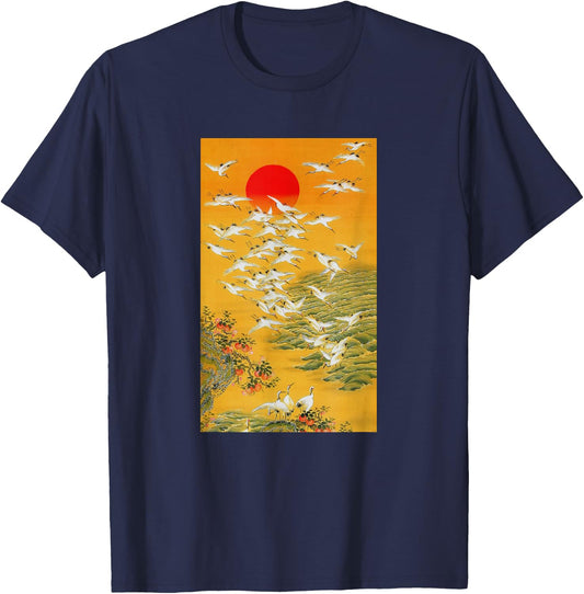 Japanese Crane Vintage Hokusai Woodblock T-Shirt - T-Shirt | Navy