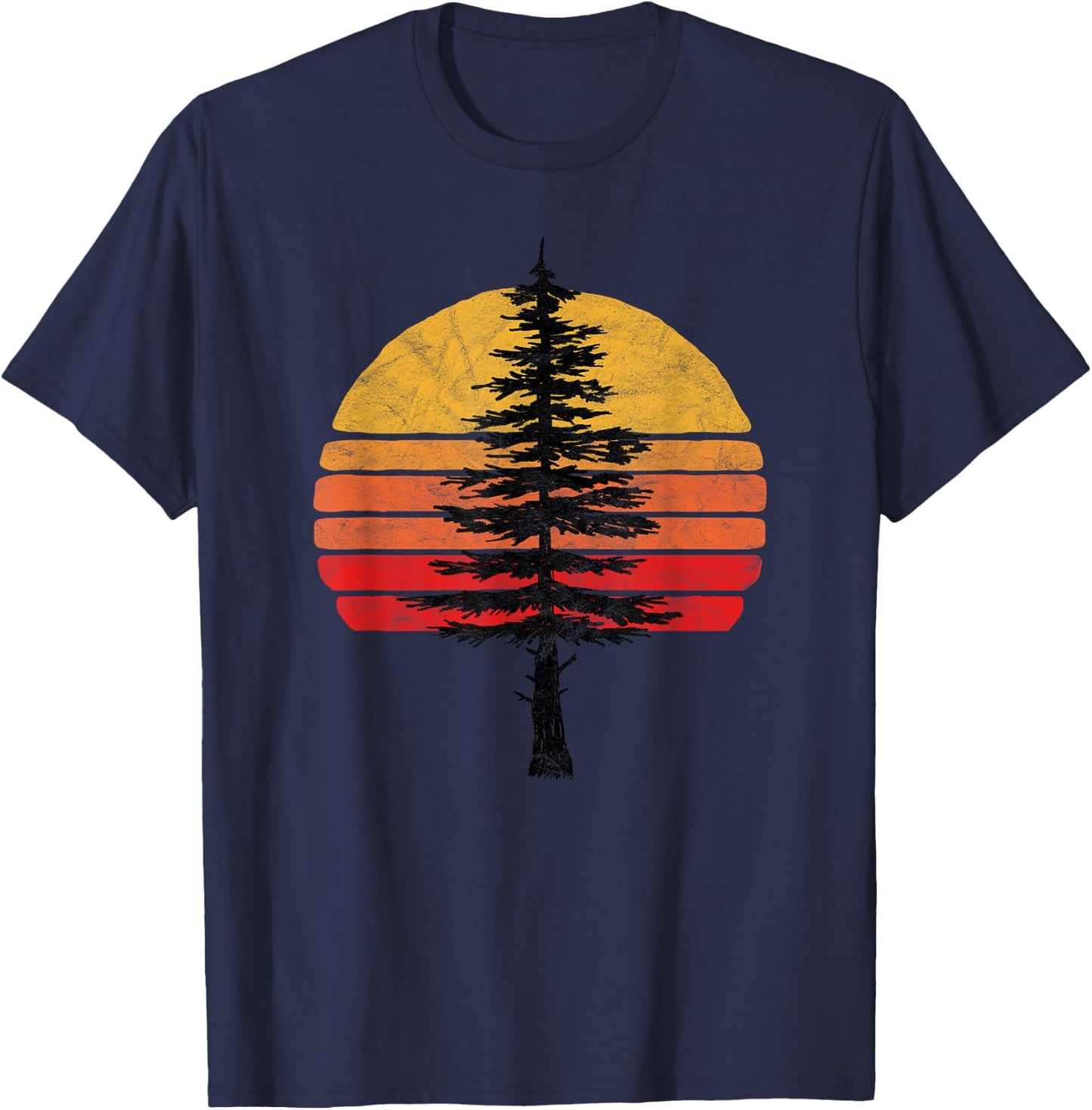 Retro Sun Minimalist White Pine Tree Illustration Graphic T-Shirt - T-Shirt | Navy