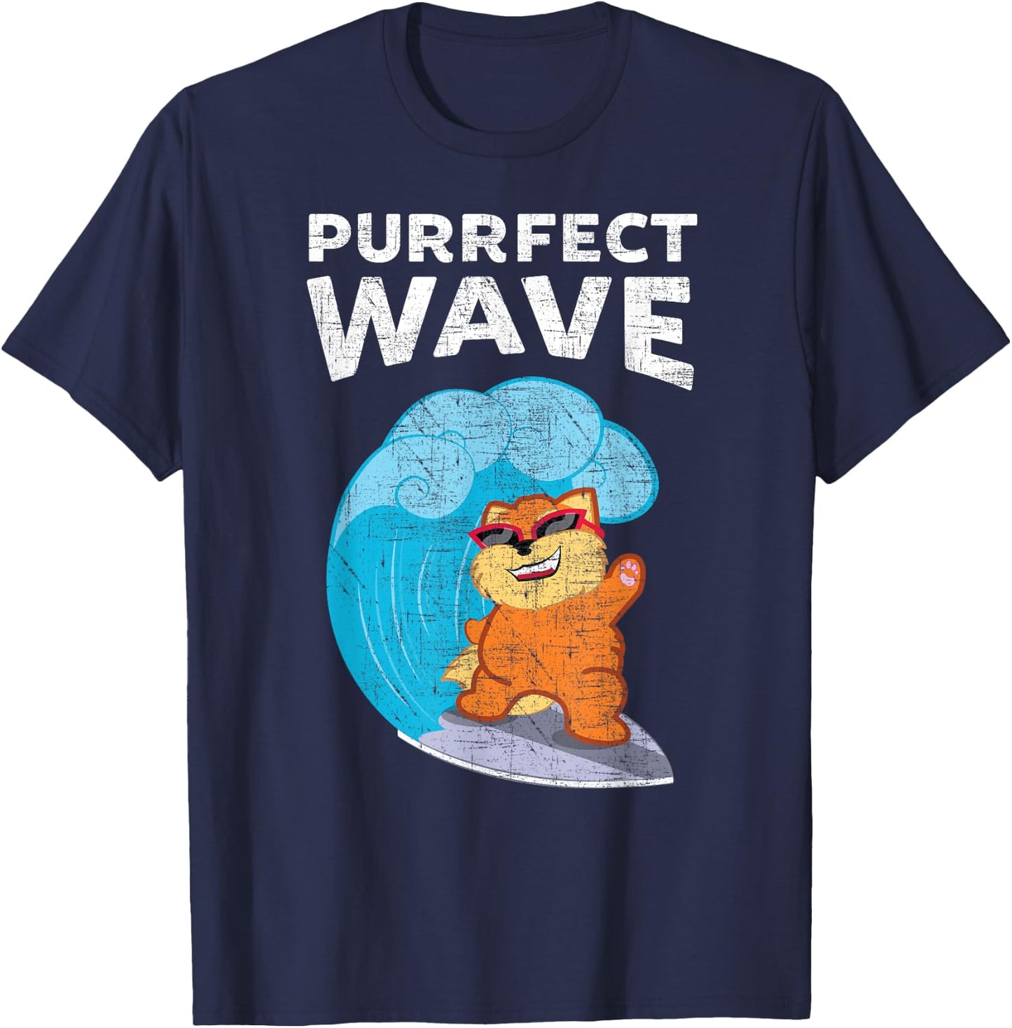 Purrfect Wave Cool Retro Vintage Cat Surf design Men Women Kids T-Shirt - T-Shirt | Navy