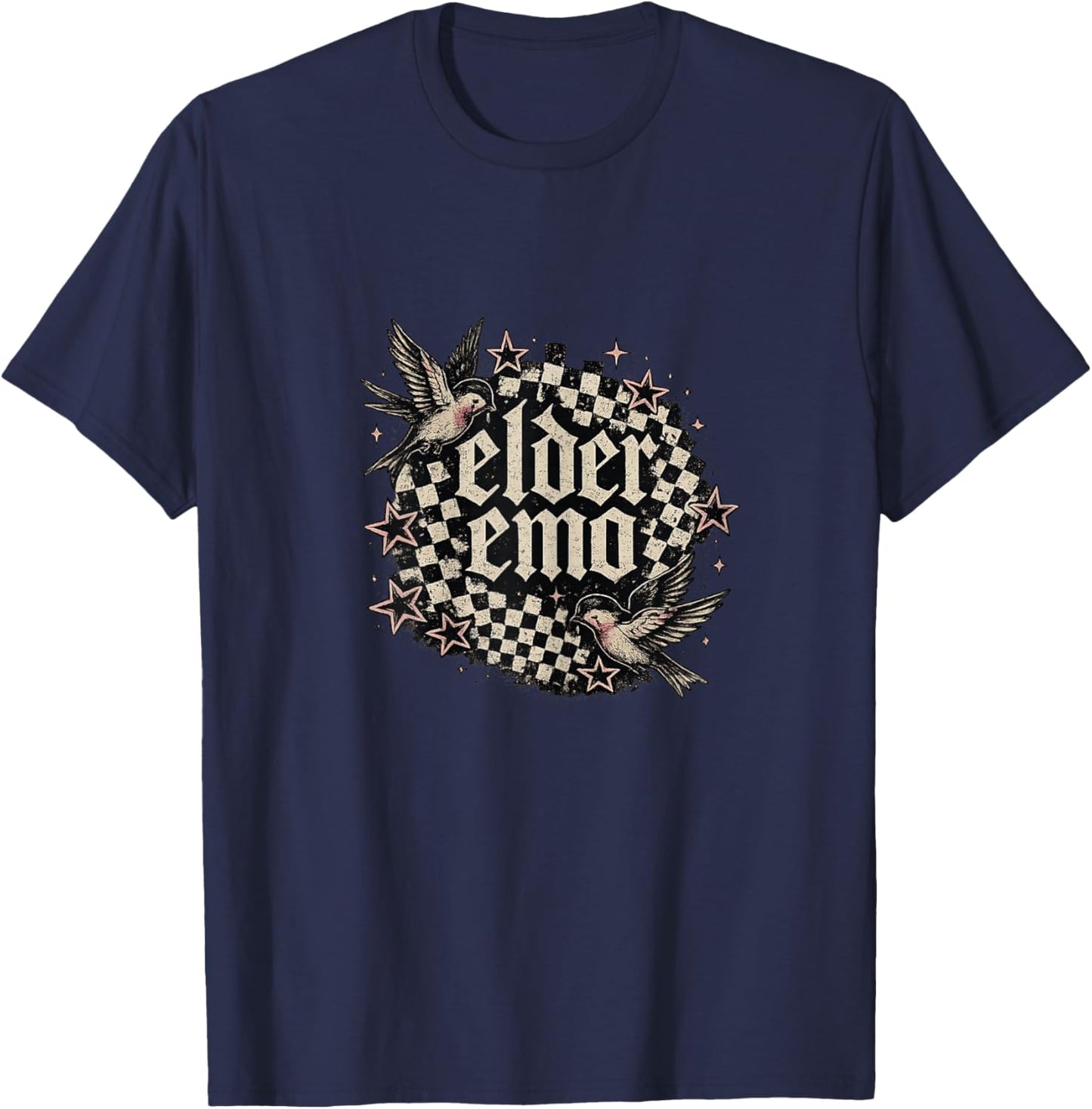 Elder Emo Sparrow Checkerboard Old English Vintage Graphic T-Shirt - T-Shirt | Navy