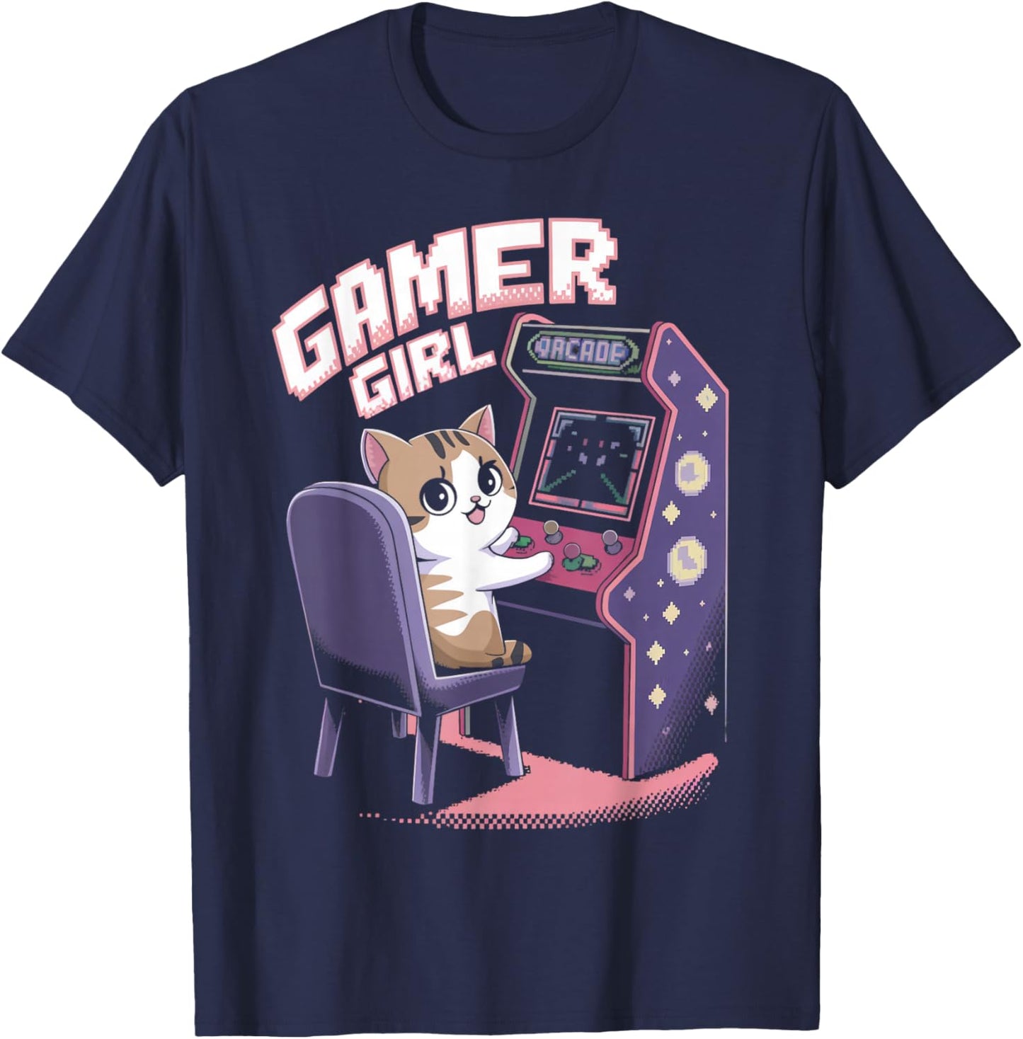 Gamer Girl Cat Kitten Arcade Gamer Gaming Video Game Arcade T-Shirt - T-Shirt | Navy