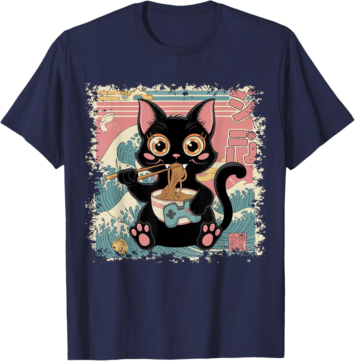 Cat Ramen Gaming Japanese Funny Graphic Kawaii Cat Anime T-Shirt - T-Shirt | Navy