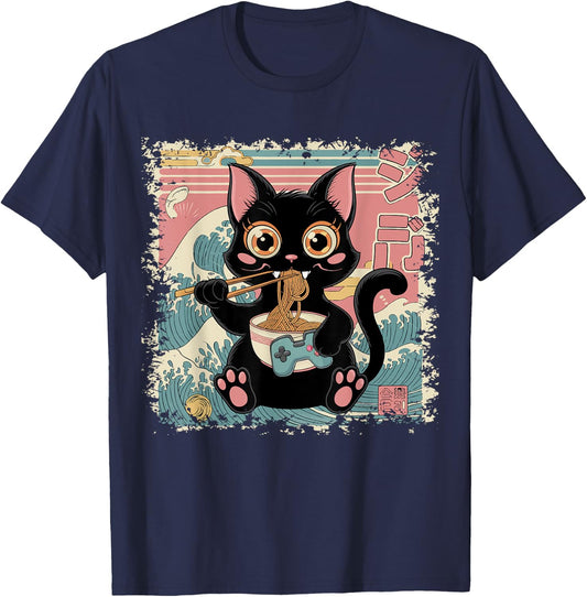 Cat Ramen Gaming Japanese Funny Graphic Kawaii Cat Anime T-Shirt - T-Shirt | Navy