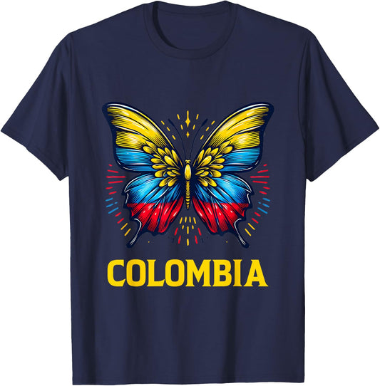 Vintage Colombia Beautiful Butterfly Country Colombian Flag T-Shirt - T-Shirt | Navy