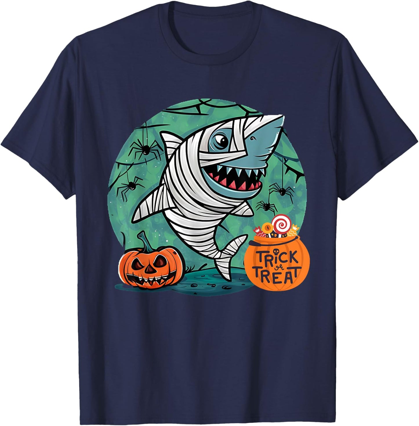 Mummy Shark Scary Spooky Season Funny Halloween Costume Crew T-Shirt - T-Shirt | Navy
