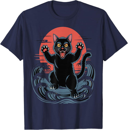Catzilla Cat Japanese Art Funny Graphic Design T-Shirt - T-Shirt | Navy
