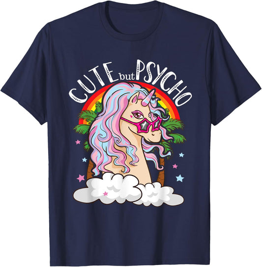 Cute But Psycho Unicorn With Glasses Funny Meme Saying Gift T-Shirt - T-Shirt | Navy