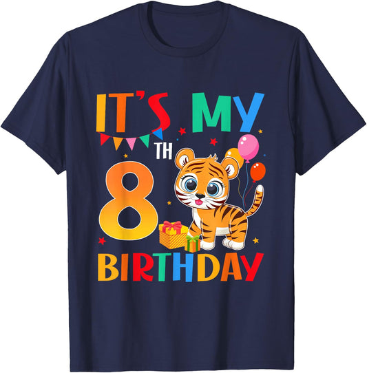 It's My 8th Birthday Tiger Theme 8 Year Old Boy Girl Party T-Shirt - T-Shirt | Navy
