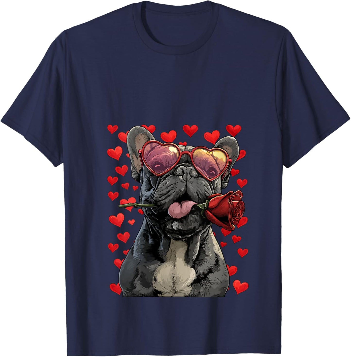 French Bulldog with Heart Glasses Rose Valentine's Day Dog V-Neck T-Shirt - T-Shirt | Navy