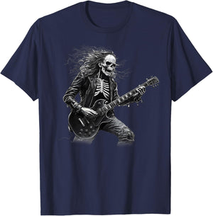 Rock On Skeleton Skull Guitar Player Guy Rock and Roll Band T-Shirt - T-Shirt | Navy